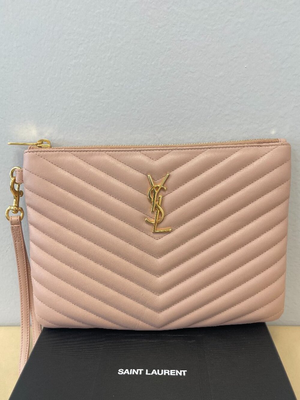 Saint Laurent Classic Monogram Wristlet Pouch Matelasse Chevron Leather-Preowned